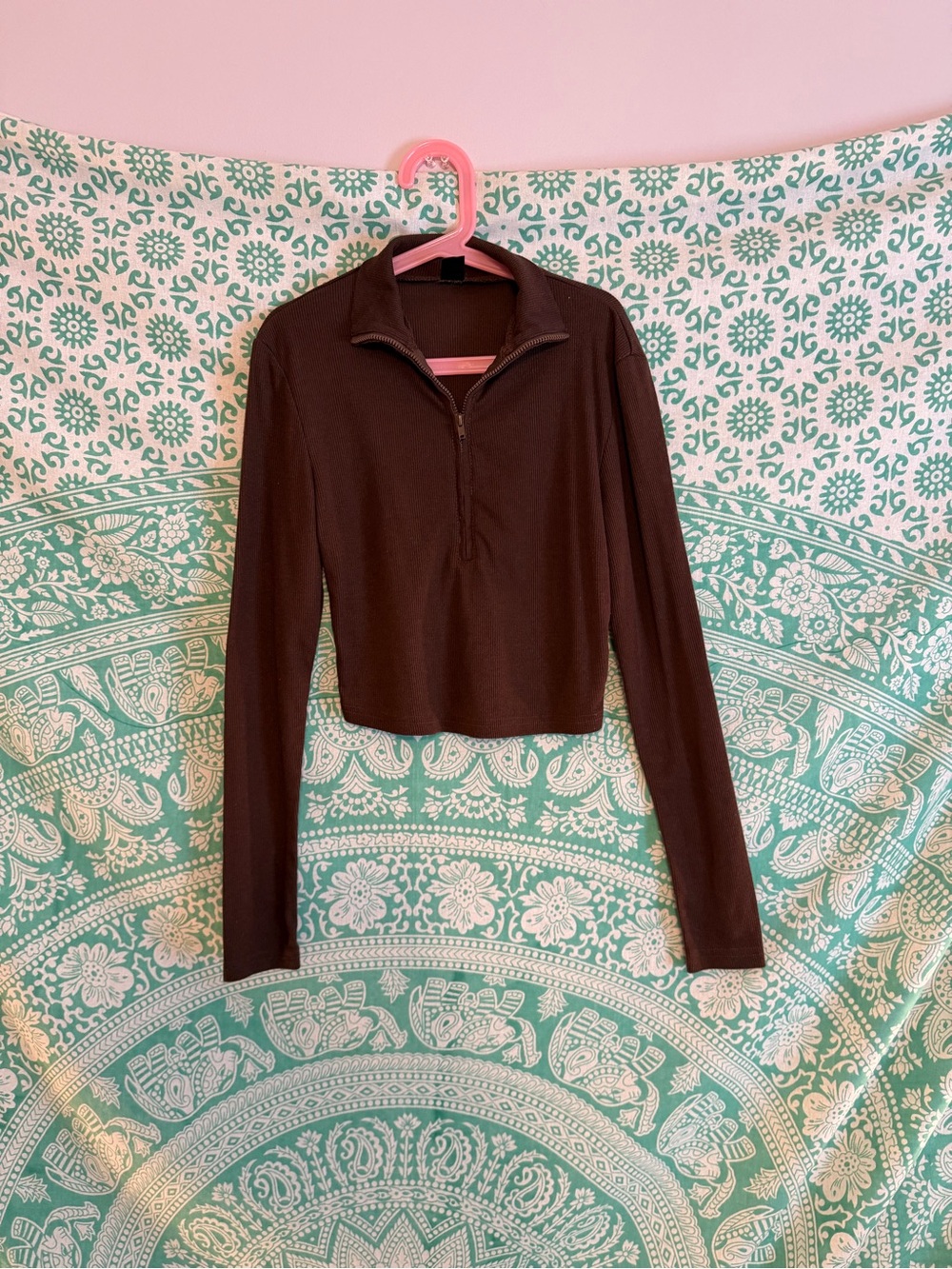 SHEIN Brown Cropped Half-Zip Long Sleeve Top